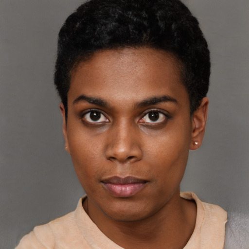 Neutral black young-adult female with short  black hair and brown eyes