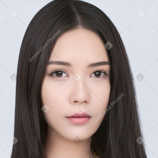 Neutral asian young-adult female with long  black hair and brown eyes