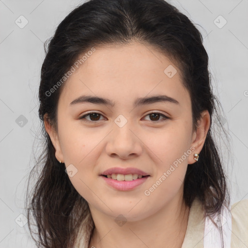 Joyful white young-adult female with medium  brown hair and brown eyes