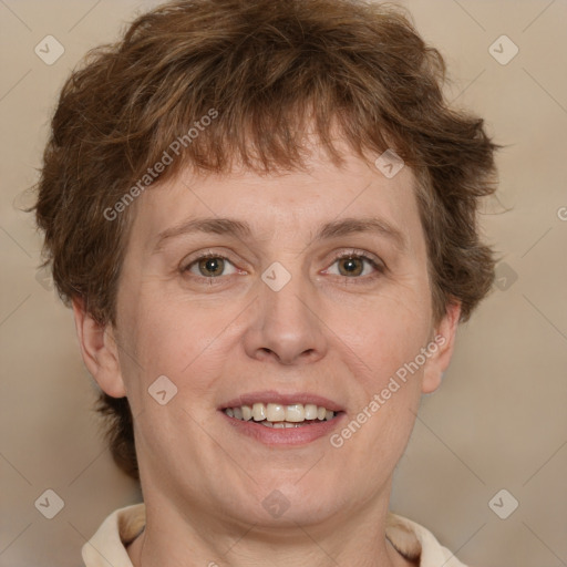 Joyful white adult female with short  brown hair and brown eyes