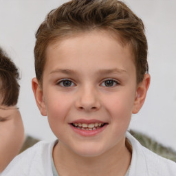 Joyful white child female with short  brown hair and brown eyes