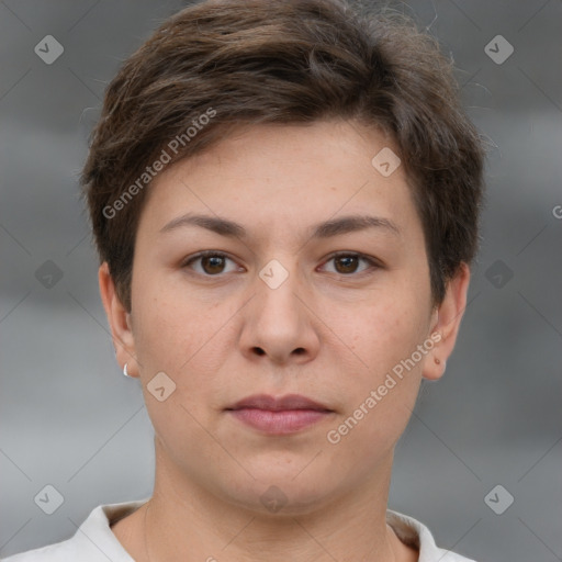 Neutral white young-adult female with short  brown hair and brown eyes