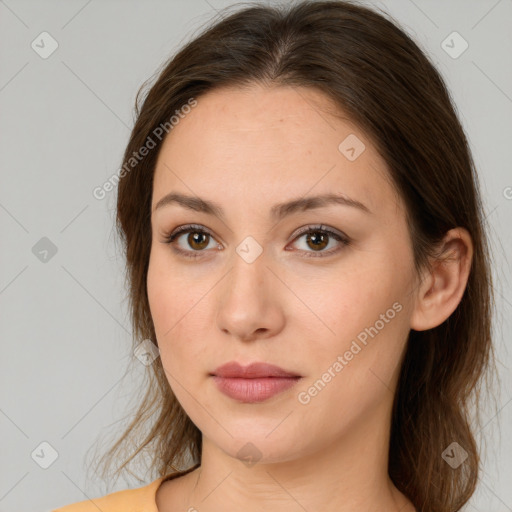 Neutral white young-adult female with medium  brown hair and brown eyes