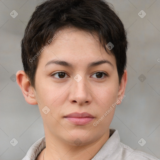 Neutral white young-adult female with short  brown hair and brown eyes