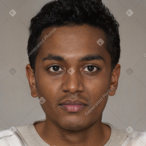 Neutral black young-adult male with short  black hair and brown eyes