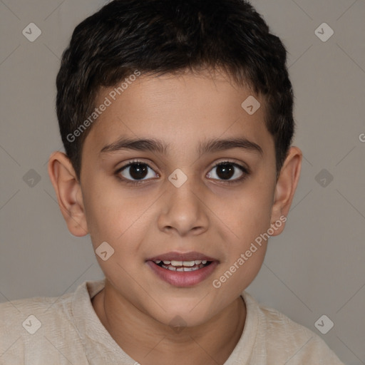 Joyful white child male with short  brown hair and brown eyes