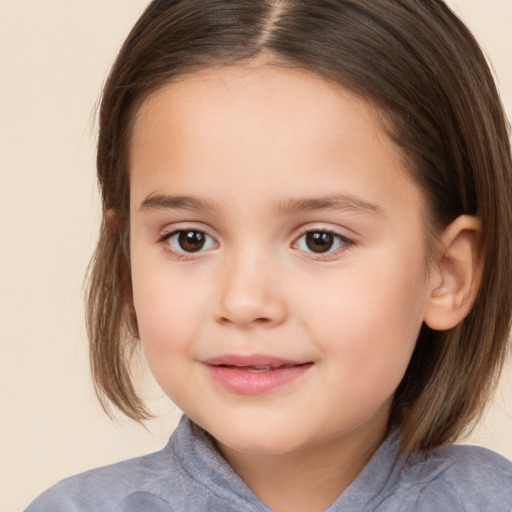 Joyful white child female with medium  brown hair and brown eyes