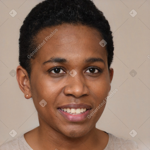 Joyful black young-adult female with short  brown hair and brown eyes