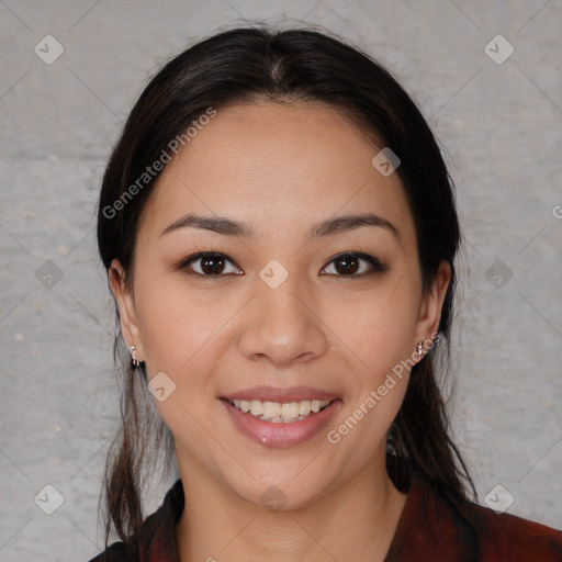 Joyful asian young-adult female with medium  brown hair and brown eyes