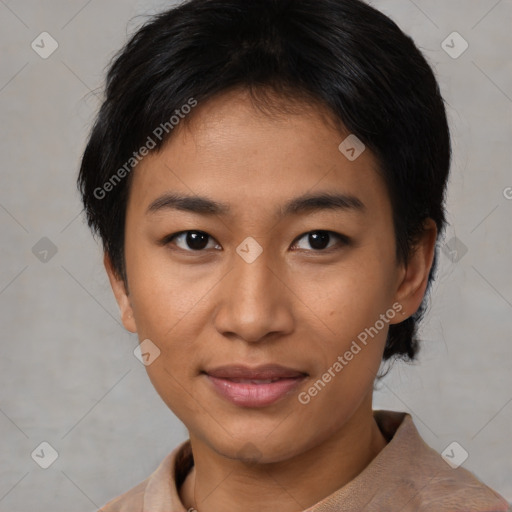 Joyful asian young-adult female with short  brown hair and brown eyes