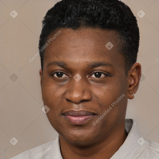 Joyful black young-adult male with short  black hair and brown eyes