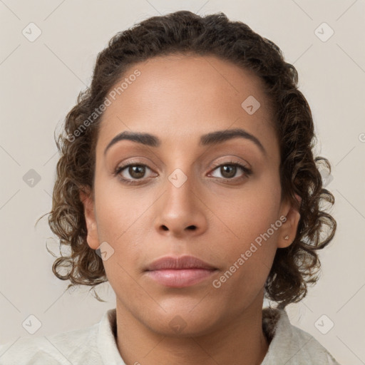 Neutral white young-adult female with short  brown hair and brown eyes