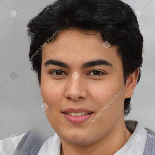 Joyful latino young-adult male with short  brown hair and brown eyes