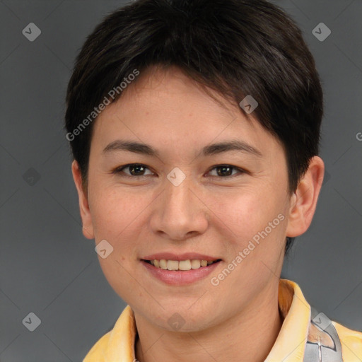 Joyful white young-adult female with short  brown hair and brown eyes