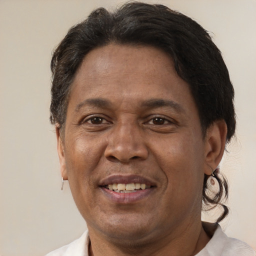 Joyful latino adult male with short  brown hair and brown eyes