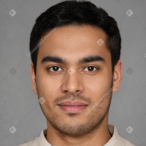 Neutral latino young-adult male with short  black hair and brown eyes