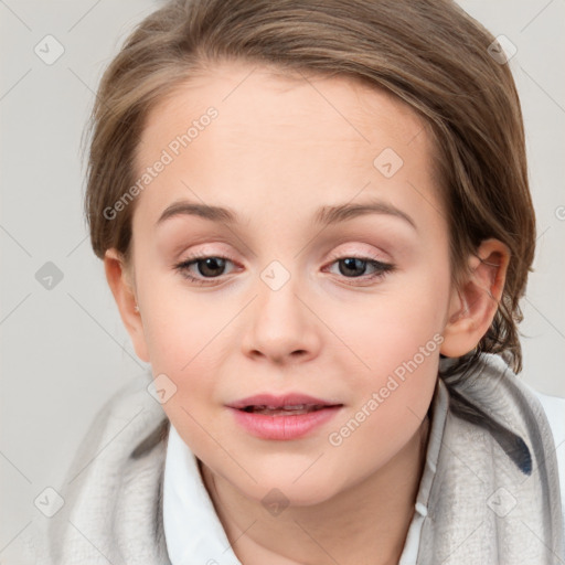 Joyful white child female with medium  brown hair and grey eyes