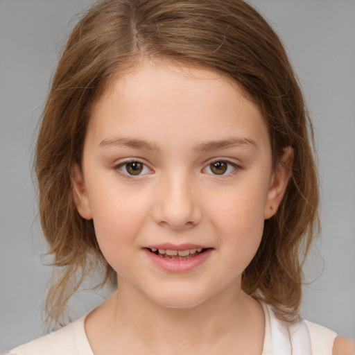 Joyful white child female with medium  brown hair and brown eyes