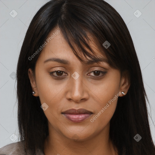 Joyful asian young-adult female with long  brown hair and brown eyes
