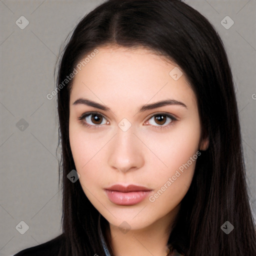 Neutral white young-adult female with long  brown hair and brown eyes