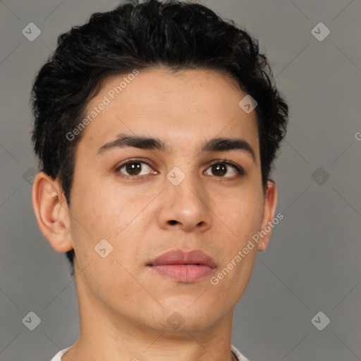 Neutral latino young-adult male with short  brown hair and brown eyes