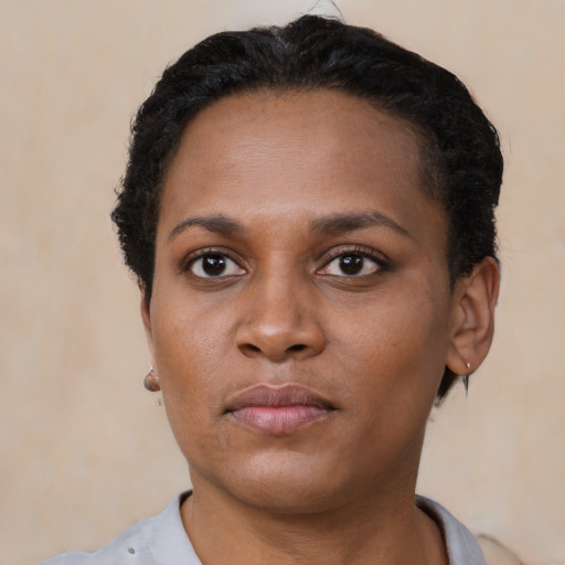 Neutral black young-adult female with short  black hair and brown eyes