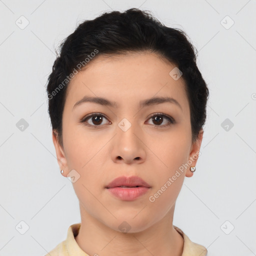 Neutral asian young-adult female with short  brown hair and brown eyes