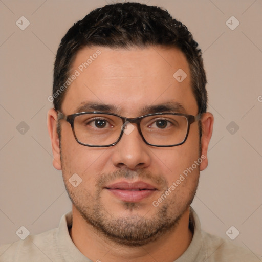 Neutral white young-adult male with short  brown hair and brown eyes