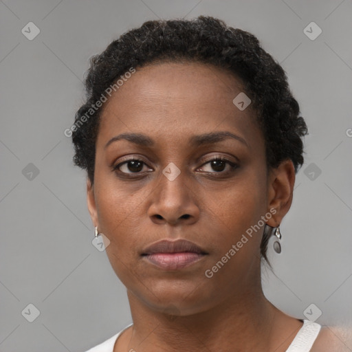 Neutral black young-adult female with short  black hair and brown eyes