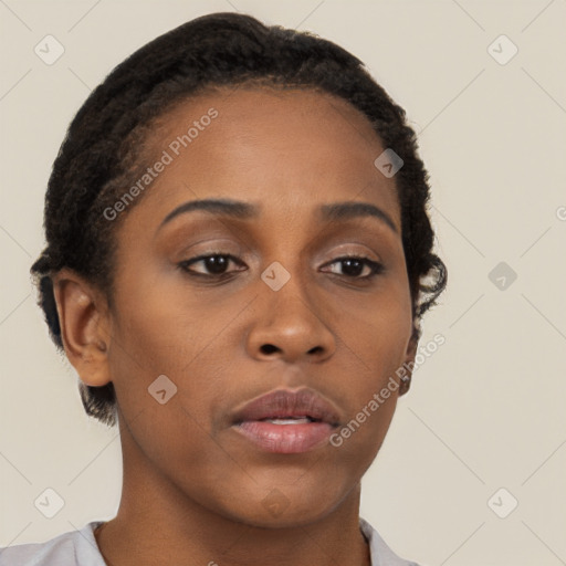 Neutral black young-adult female with short  brown hair and brown eyes