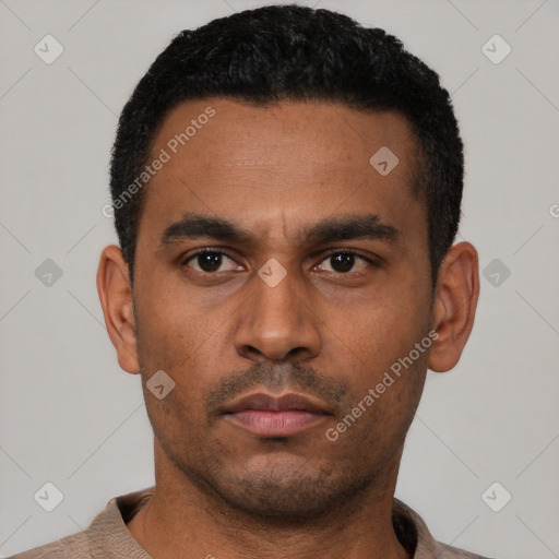 Neutral latino young-adult male with short  black hair and brown eyes