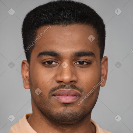Neutral latino young-adult male with short  brown hair and brown eyes