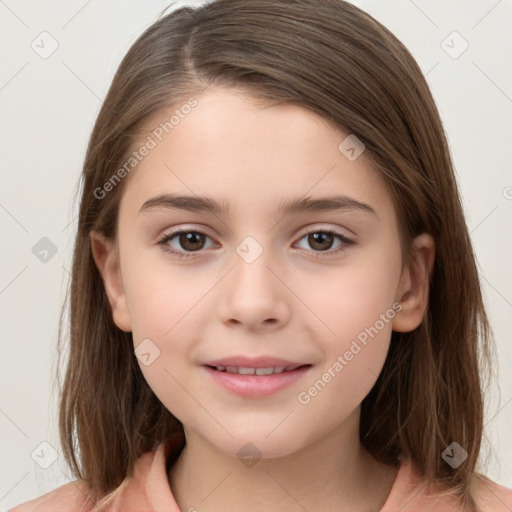 Joyful white child female with medium  brown hair and brown eyes