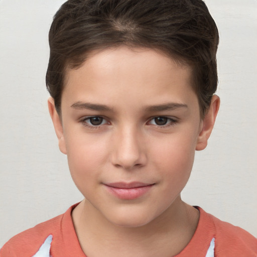 Joyful white child female with short  brown hair and brown eyes