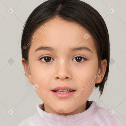 Joyful white child female with medium  brown hair and brown eyes