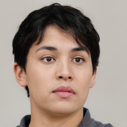 Neutral asian young-adult male with short  brown hair and brown eyes