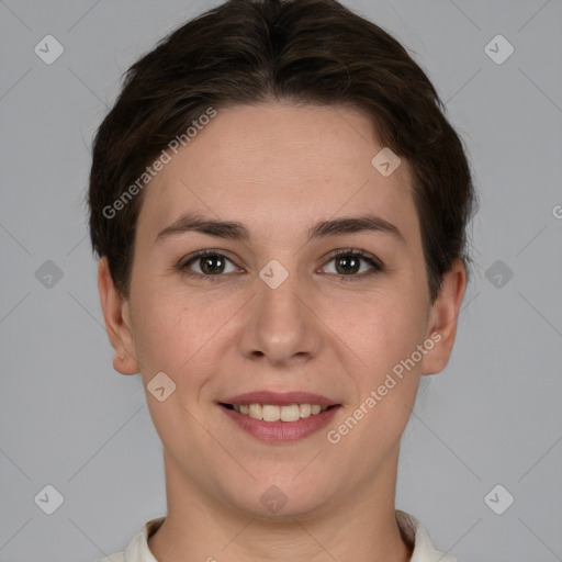 Joyful white young-adult female with short  brown hair and brown eyes