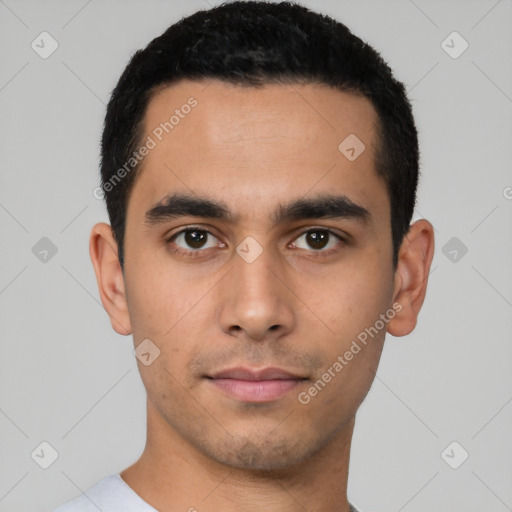 Neutral latino young-adult male with short  black hair and brown eyes