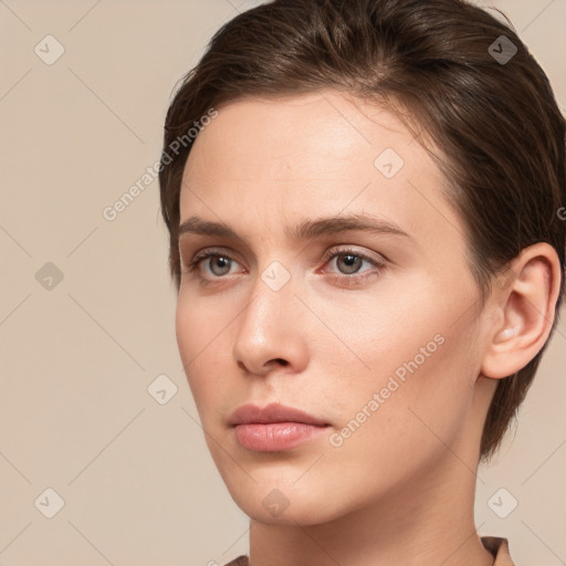 Neutral white young-adult female with medium  brown hair and brown eyes