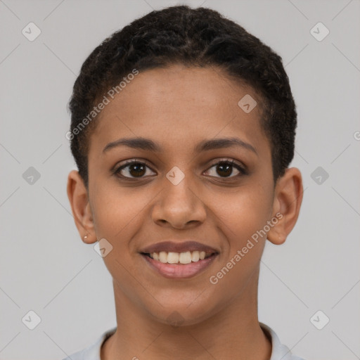 Joyful latino young-adult female with short  brown hair and brown eyes