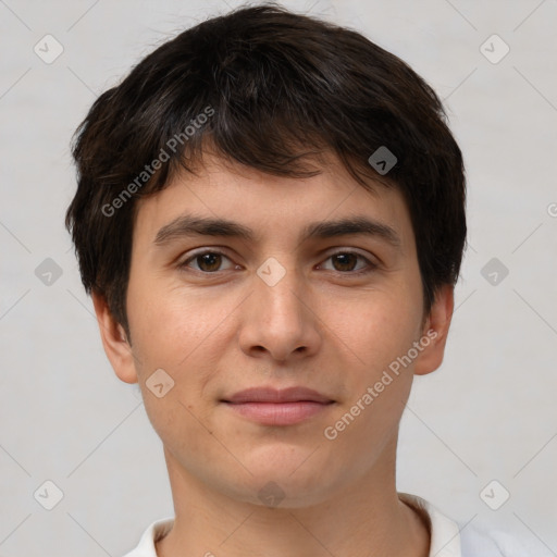 Neutral white young-adult male with short  brown hair and brown eyes