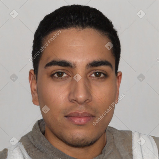 Neutral latino young-adult male with short  black hair and brown eyes