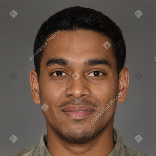 Joyful latino young-adult male with short  brown hair and brown eyes