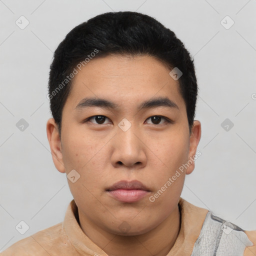 Neutral asian young-adult male with short  black hair and brown eyes