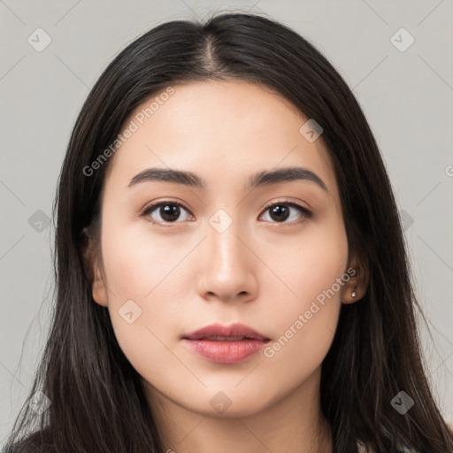 Neutral asian young-adult female with long  black hair and brown eyes