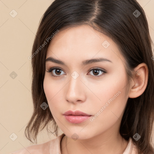 Neutral white young-adult female with medium  brown hair and brown eyes