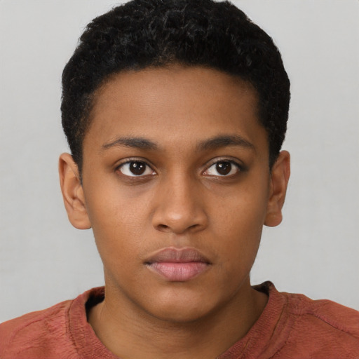 Neutral latino young-adult female with short  brown hair and brown eyes