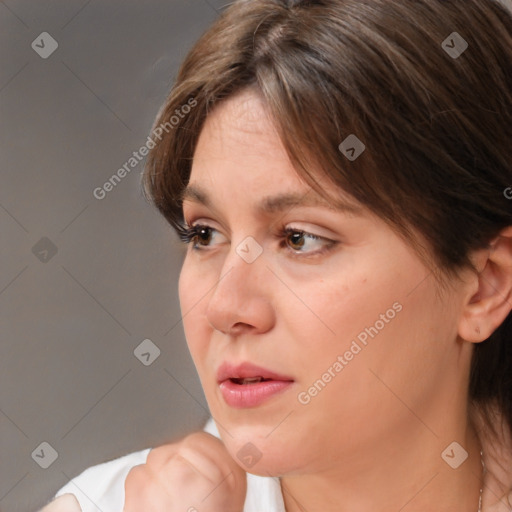 Neutral white young-adult female with medium  brown hair and brown eyes