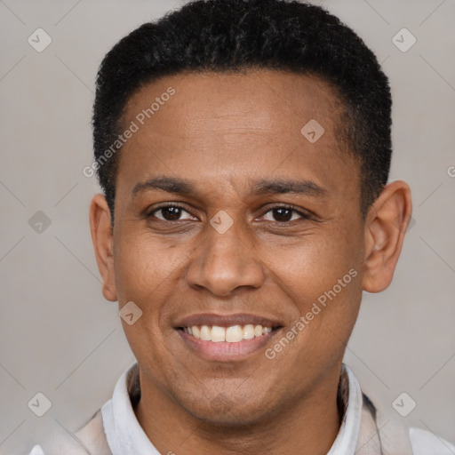 Joyful latino adult male with short  black hair and brown eyes