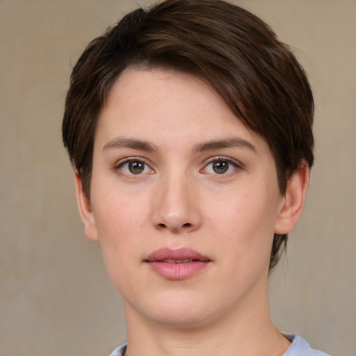 Neutral white young-adult female with short  brown hair and brown eyes